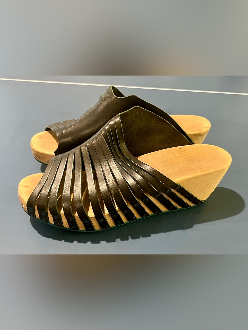 Black Leather Wood Wedge Clog Mule Sandals EU 38